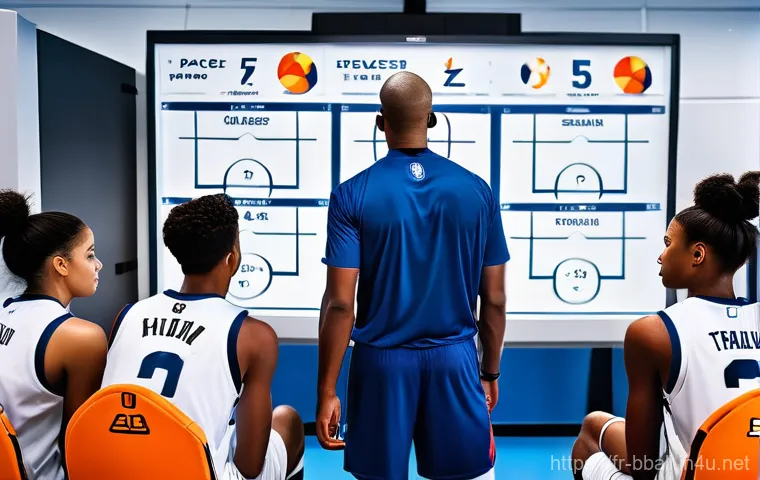 농구 시합 전략과 전술 - **"Analytics-Driven Strategy Session"**
A vibrant and detailed image of a diverse group of male ...