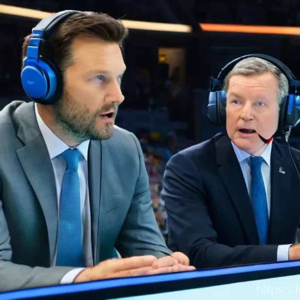 농구 올림픽 경기 해설 - **Prompt:** A dynamic, wide shot of a modern sports broadcast booth during an Olympic basketball gam...