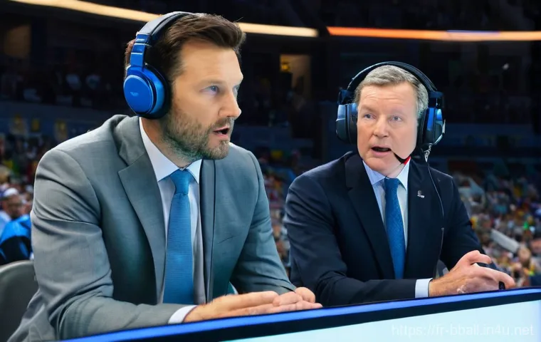 농구 올림픽 경기 해설 - **Prompt:** A dynamic, wide shot of a modern sports broadcast booth during an Olympic basketball gam...